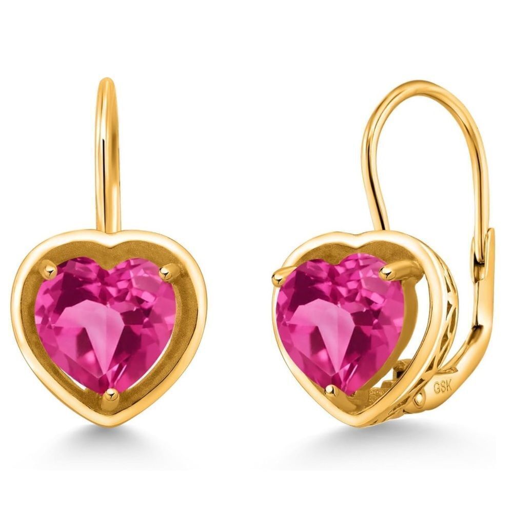 18K Yellow Gold 925 with 2.80 Cttw 7MM Pink Sapphire Heart Leverback Earrings
